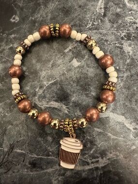 Beaded Copper & Cream Coffee Cup Charm Bracelet